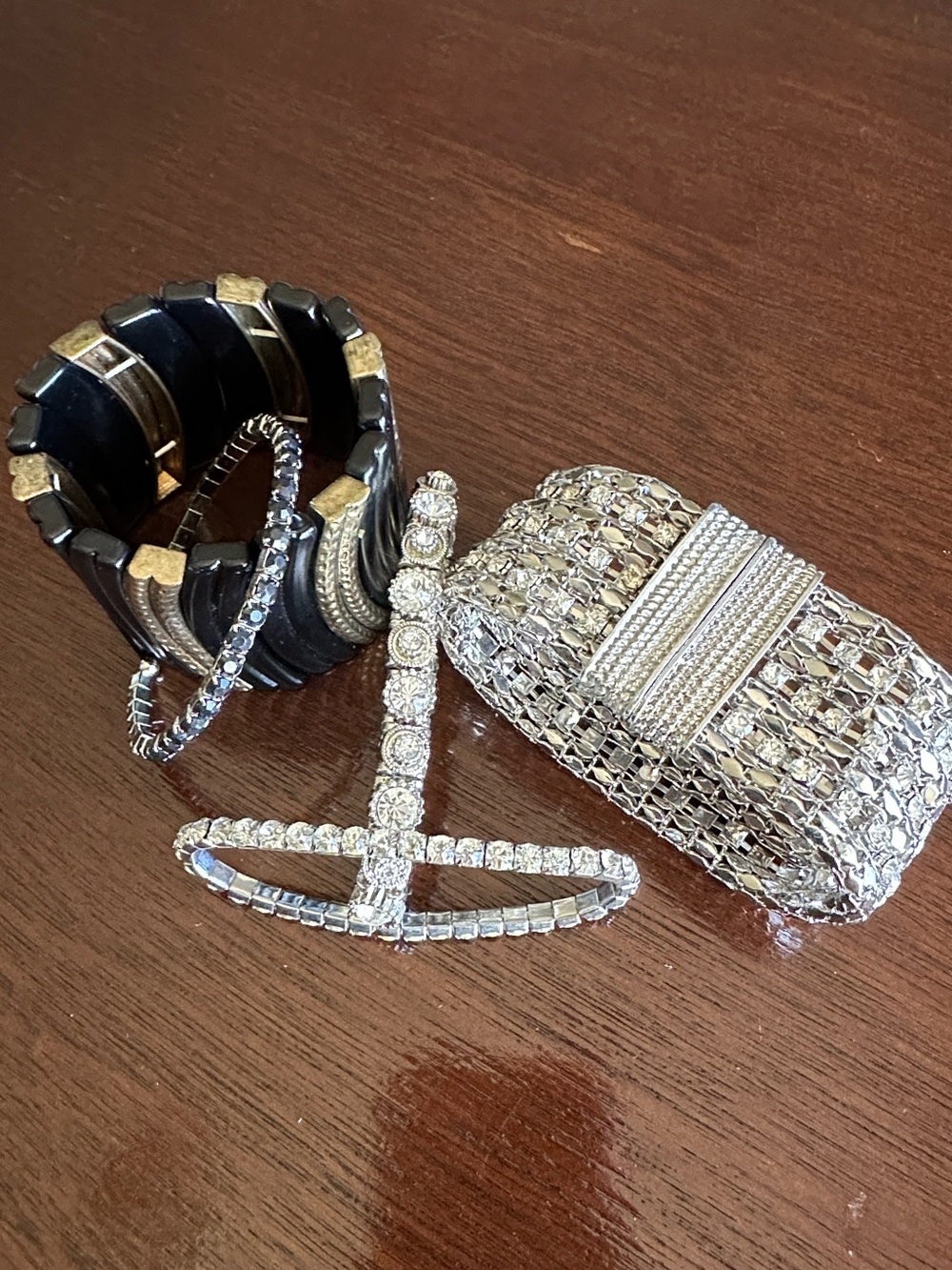 Silver Crystal Statement Bracelets and Black Gold-Accent Cuff Set
